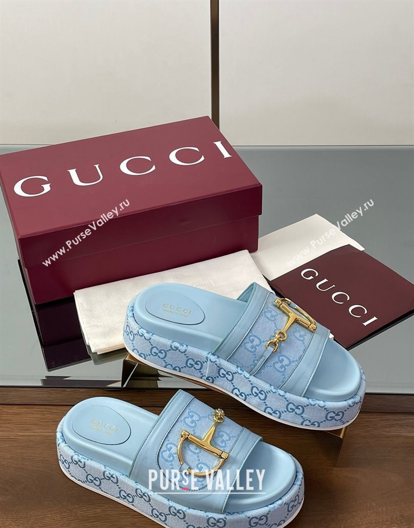 Gucci Platform Slides Sandal 5.5cm in GG Canvas and Lambskin with Horsebit Light Blue 2025 0609 (MD-250609106)