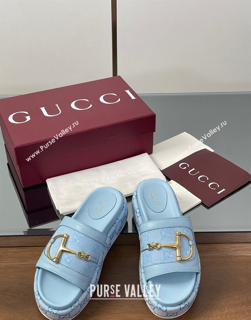 Gucci Platform Slides Sandal 5.5cm in GG Canvas and Lambskin with Horsebit Light Blue 2025 0609 (MD-250609106)
