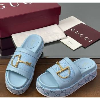 Gucci Platform Slides Sandal 5.5cm in GG Canvas and Lambskin with Horsebit Light Blue 2025 0609 (MD-250609106)