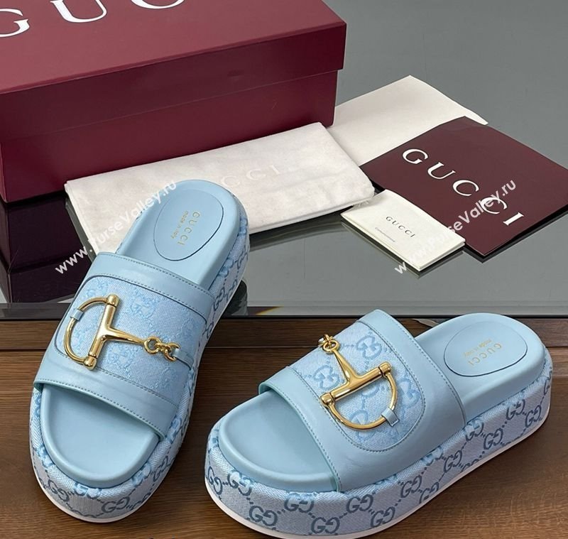Gucci Platform Slides Sandal 5.5cm in GG Canvas and Lambskin with Horsebit Light Blue 2025 0609 (MD-250609106)