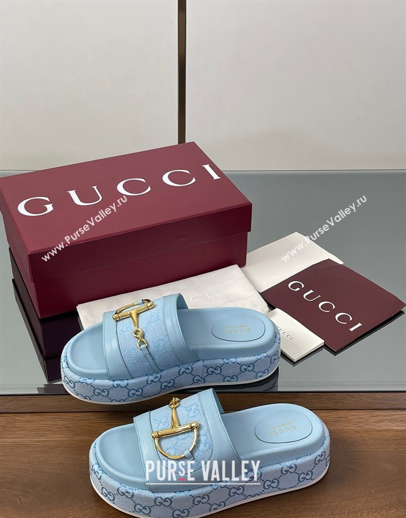 Gucci Platform Slides Sandal 5.5cm in GG Canvas and Lambskin with Horsebit Light Blue 2025 0609 (MD-250609106)