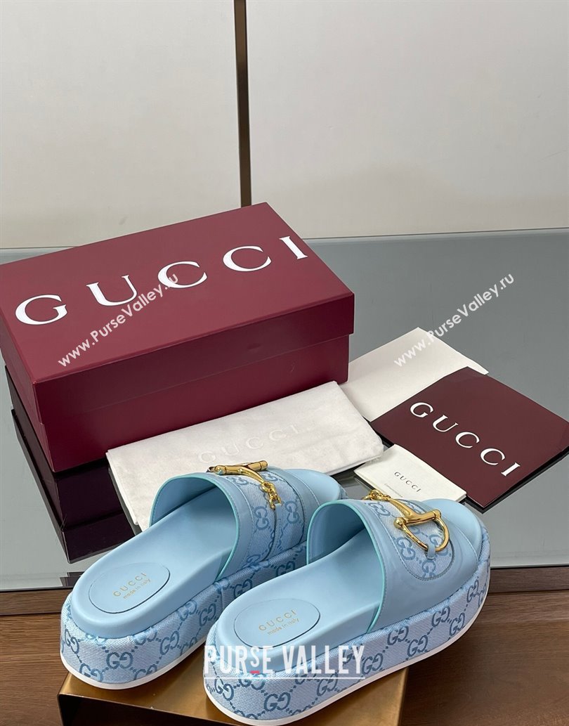 Gucci Platform Slides Sandal 5.5cm in GG Canvas and Lambskin with Horsebit Light Blue 2025 0609 (MD-250609106)