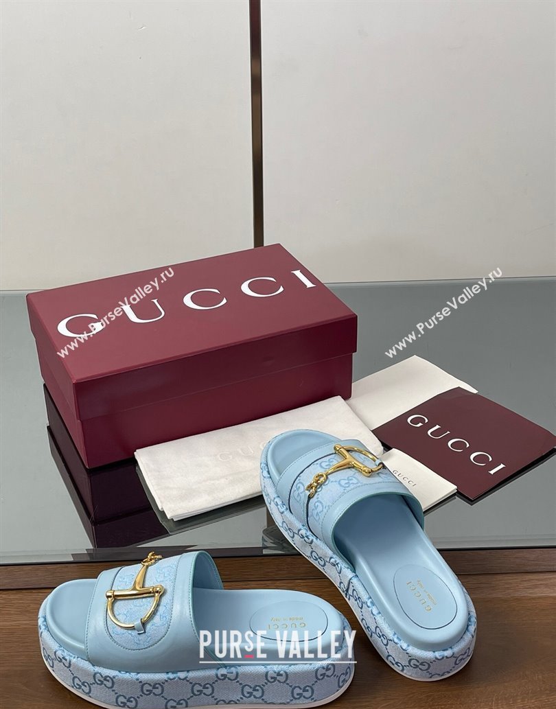 Gucci Platform Slides Sandal 5.5cm in GG Canvas and Lambskin with Horsebit Light Blue 2025 0609 (MD-250609106)