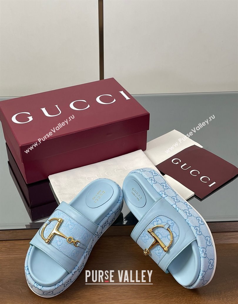 Gucci Platform Slides Sandal 5.5cm in GG Canvas and Lambskin with Horsebit Light Blue 2025 0609 (MD-250609106)