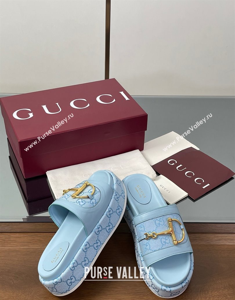 Gucci Platform Slides Sandal 5.5cm in GG Canvas and Lambskin with Horsebit Light Blue 2025 0609 (MD-250609106)