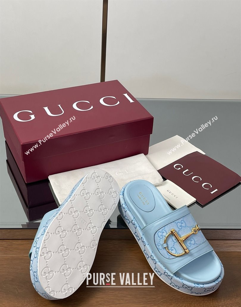 Gucci Platform Slides Sandal 5.5cm in GG Canvas and Lambskin with Horsebit Light Blue 2025 0609 (MD-250609106)
