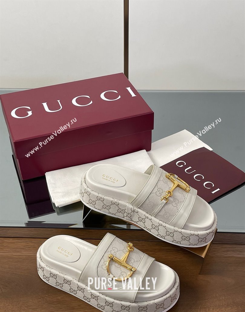 Gucci Platform Slides Sandal 5.5cm in GG Canvas and Lambskin with Horsebit White 2025 0609 (MD-250609107)