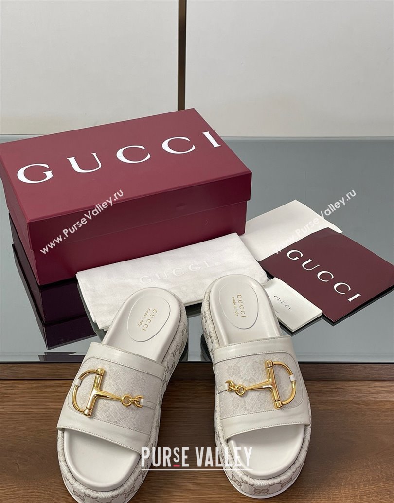 Gucci Platform Slides Sandal 5.5cm in GG Canvas and Lambskin with Horsebit White 2025 0609 (MD-250609107)