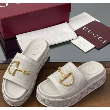 Gucci Platform Slides Sandal 5.5cm in GG Canvas and Lambskin with Horsebit White 2025 0609 (MD-250609107)