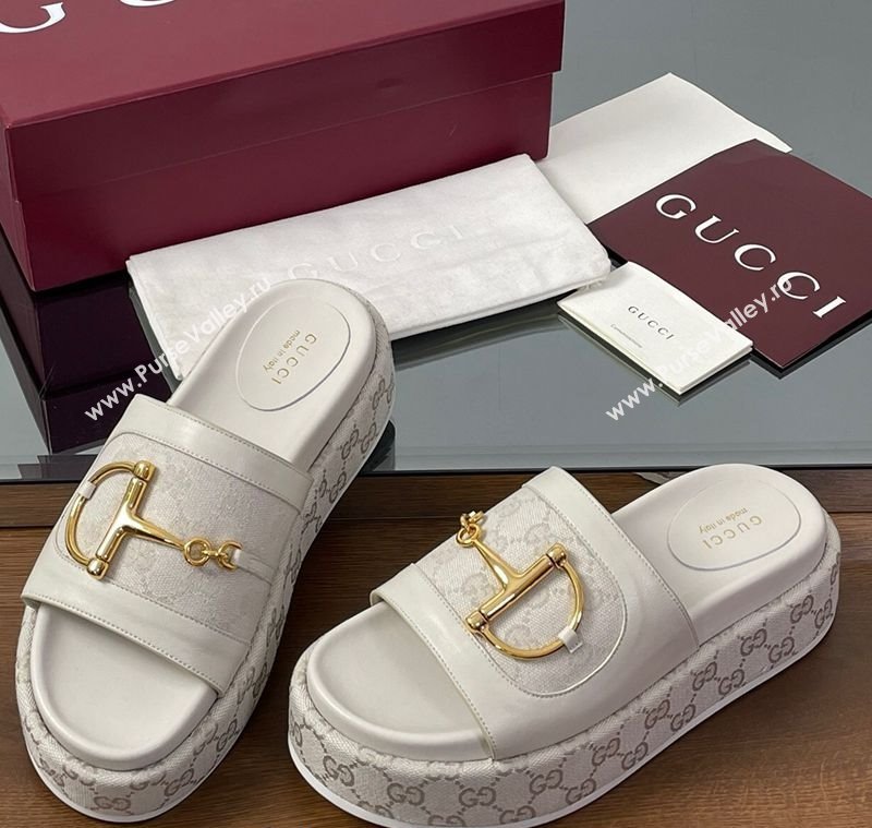 Gucci Platform Slides Sandal 5.5cm in GG Canvas and Lambskin with Horsebit White 2025 0609 (MD-250609107)