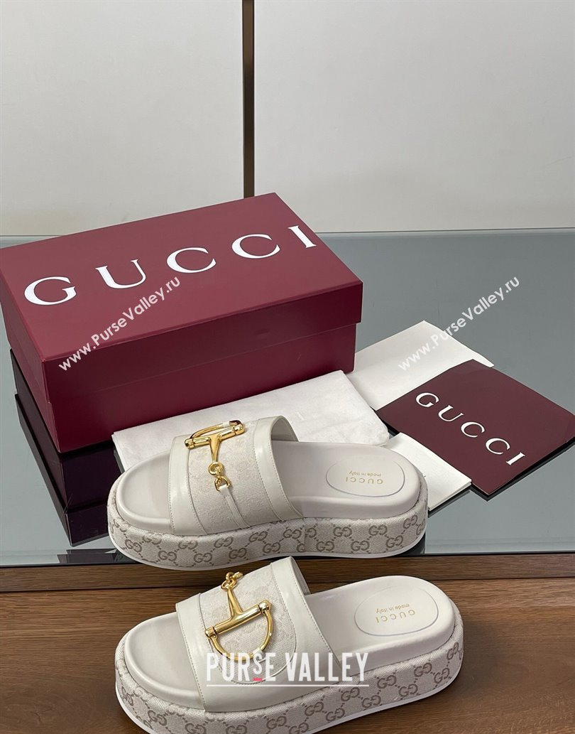 Gucci Platform Slides Sandal 5.5cm in GG Canvas and Lambskin with Horsebit White 2025 0609 (MD-250609107)