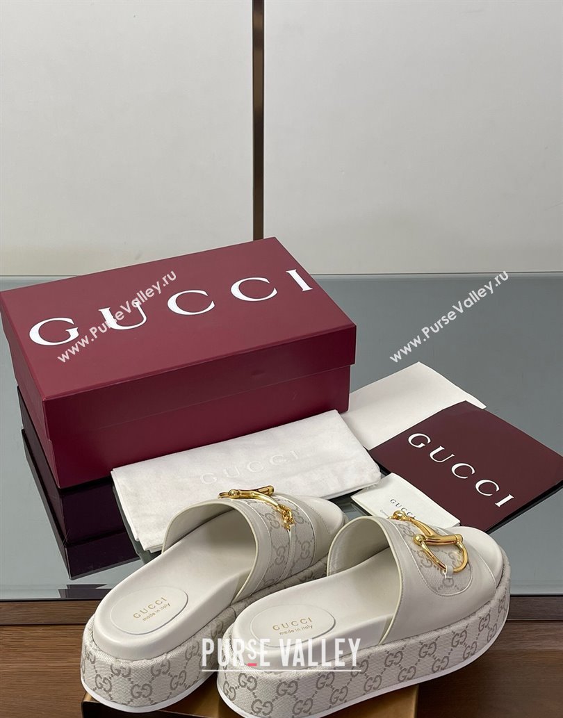 Gucci Platform Slides Sandal 5.5cm in GG Canvas and Lambskin with Horsebit White 2025 0609 (MD-250609107)
