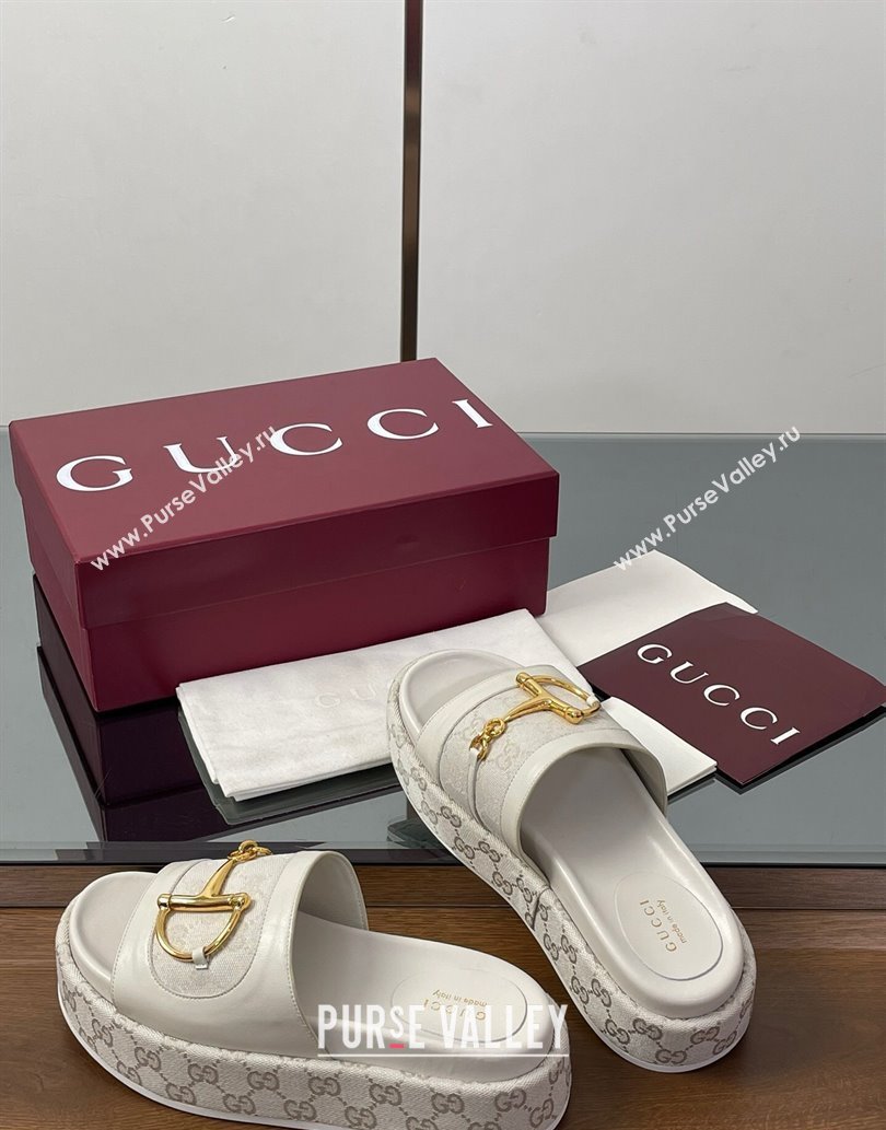 Gucci Platform Slides Sandal 5.5cm in GG Canvas and Lambskin with Horsebit White 2025 0609 (MD-250609107)