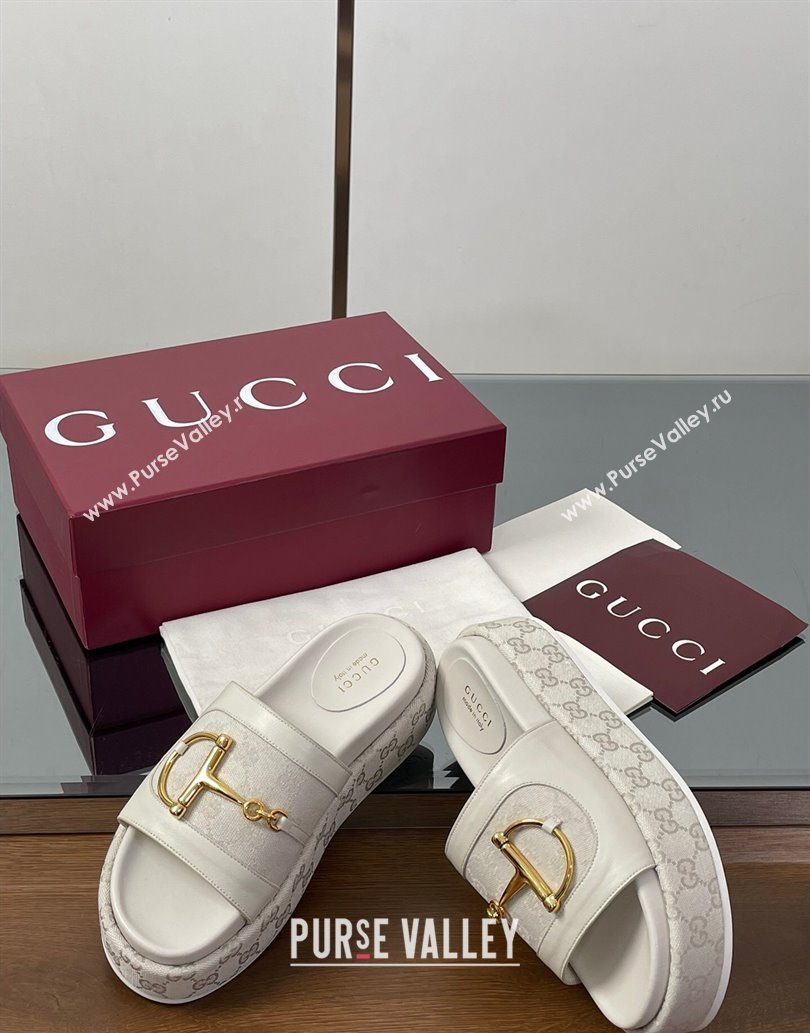 Gucci Platform Slides Sandal 5.5cm in GG Canvas and Lambskin with Horsebit White 2025 0609 (MD-250609107)