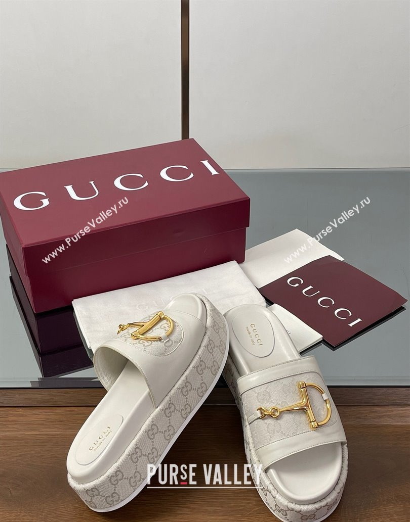 Gucci Platform Slides Sandal 5.5cm in GG Canvas and Lambskin with Horsebit White 2025 0609 (MD-250609107)