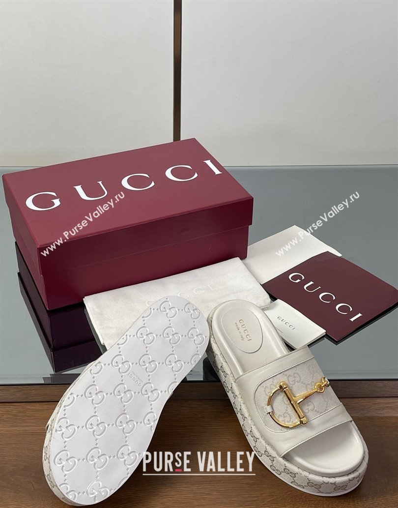 Gucci Platform Slides Sandal 5.5cm in GG Canvas and Lambskin with Horsebit White 2025 0609 (MD-250609107)