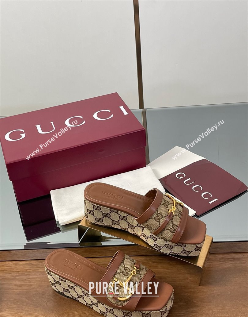 Gucci Wedge Slides Sandal 6.3cm in GG Canvas and Lambskin with Horsebit Brown 2025 0609 (MD-250609108)