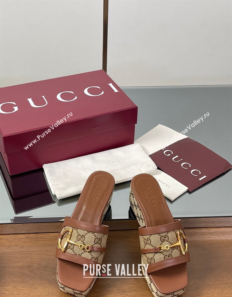 Gucci Wedge Slides Sandal 6.3cm in GG Canvas and Lambskin with Horsebit Brown 2025 0609 (MD-250609108)