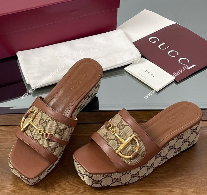 Gucci Wedge Slides Sandal 6.3cm in GG Canvas and Lambskin with Horsebit Brown 2025 0609 (MD-250609108)