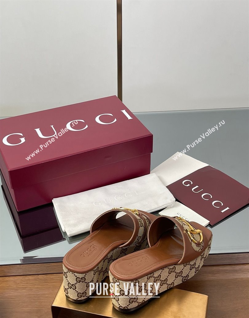 Gucci Wedge Slides Sandal 6.3cm in GG Canvas and Lambskin with Horsebit Brown 2025 0609 (MD-250609108)