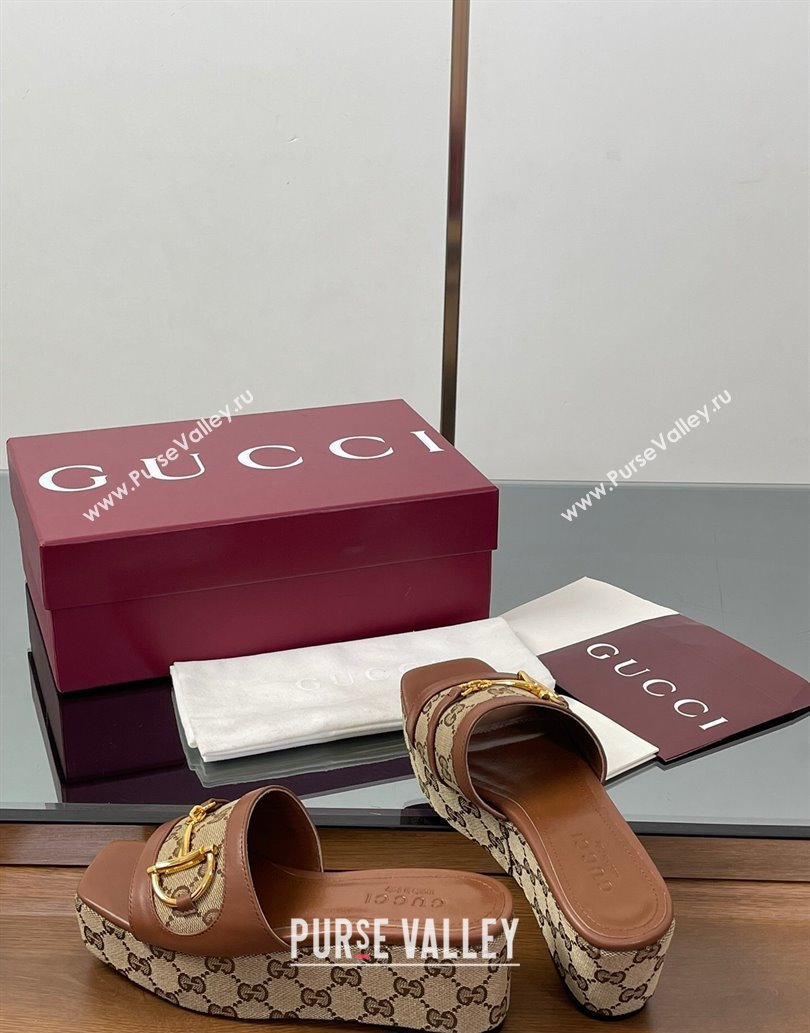 Gucci Wedge Slides Sandal 6.3cm in GG Canvas and Lambskin with Horsebit Brown 2025 0609 (MD-250609108)