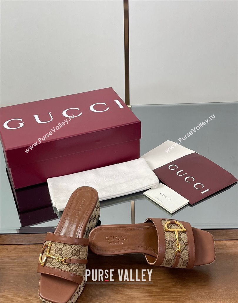 Gucci Wedge Slides Sandal 6.3cm in GG Canvas and Lambskin with Horsebit Brown 2025 0609 (MD-250609108)
