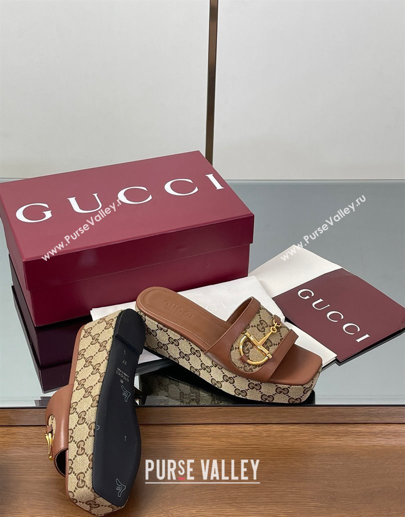 Gucci Wedge Slides Sandal 6.3cm in GG Canvas and Lambskin with Horsebit Brown 2025 0609 (MD-250609108)