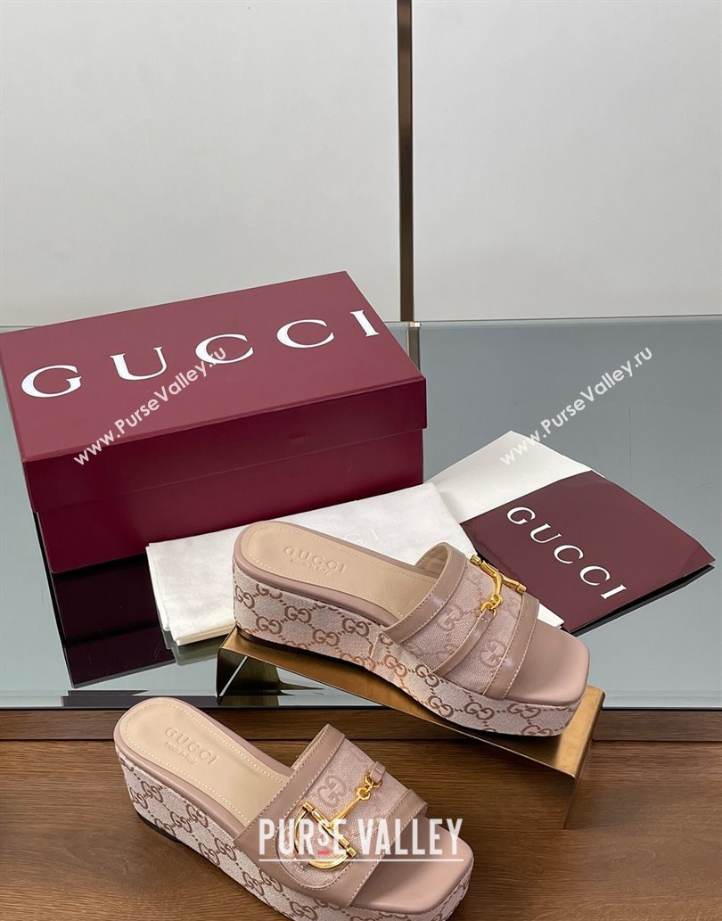 Gucci Wedge Slides Sandal 6.3cm in GG Canvas and Lambskin with Horsebit Nude Pink 2025 0609 (MD-250609109)
