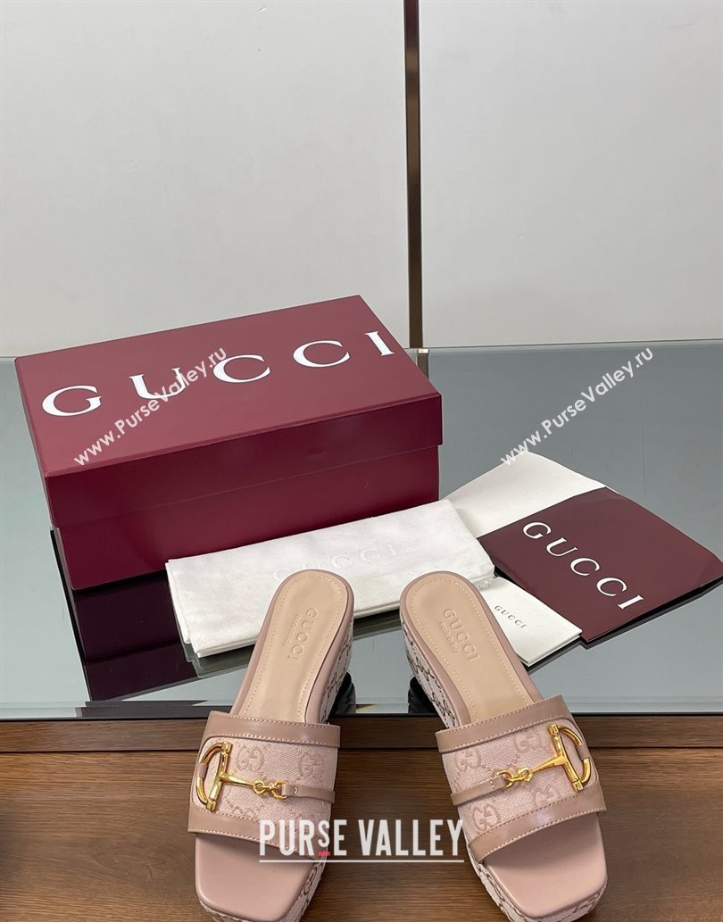 Gucci Wedge Slides Sandal 6.3cm in GG Canvas and Lambskin with Horsebit Nude Pink 2025 0609 (MD-250609109)