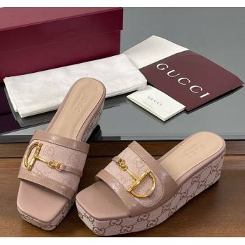 Gucci Wedge Slides Sandal 6.3cm in GG Canvas and Lambskin with Horsebit Nude Pink 2025 0609 (MD-250609109)