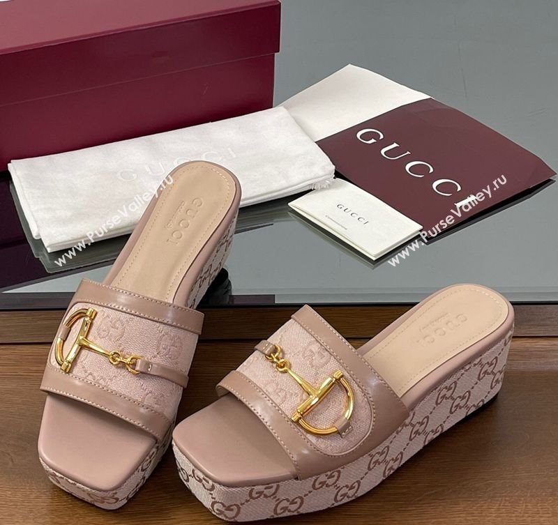 Gucci Wedge Slides Sandal 6.3cm in GG Canvas and Lambskin with Horsebit Nude Pink 2025 0609 (MD-250609109)
