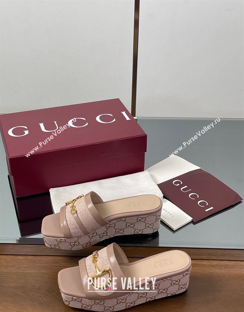 Gucci Wedge Slides Sandal 6.3cm in GG Canvas and Lambskin with Horsebit Nude Pink 2025 0609 (MD-250609109)