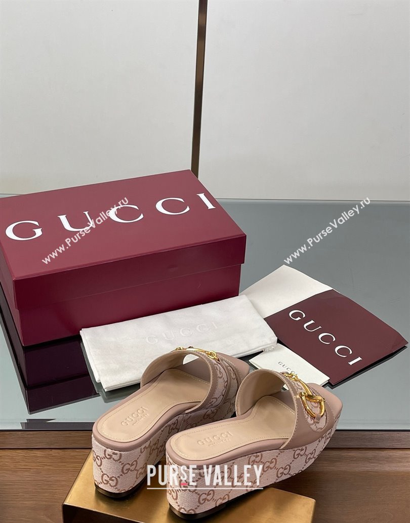 Gucci Wedge Slides Sandal 6.3cm in GG Canvas and Lambskin with Horsebit Nude Pink 2025 0609 (MD-250609109)