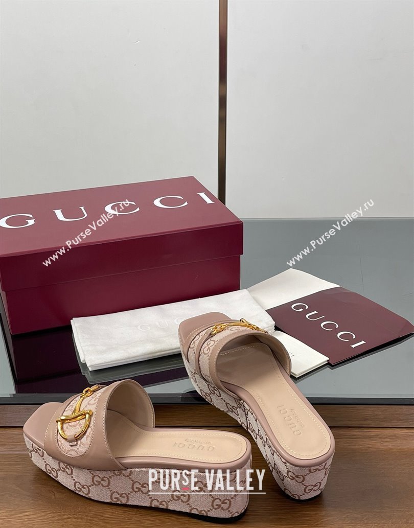 Gucci Wedge Slides Sandal 6.3cm in GG Canvas and Lambskin with Horsebit Nude Pink 2025 0609 (MD-250609109)