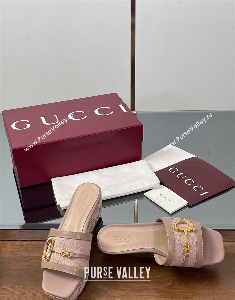 Gucci Wedge Slides Sandal 6.3cm in GG Canvas and Lambskin with Horsebit Nude Pink 2025 0609 (MD-250609109)