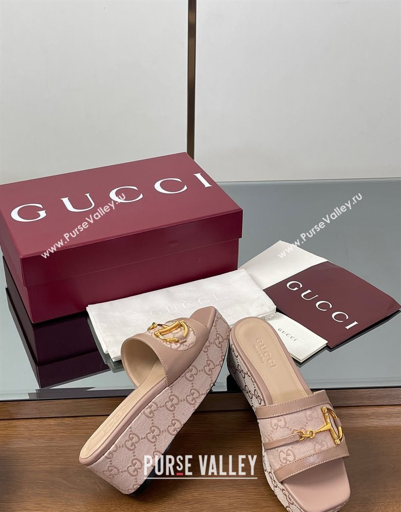 Gucci Wedge Slides Sandal 6.3cm in GG Canvas and Lambskin with Horsebit Nude Pink 2025 0609 (MD-250609109)