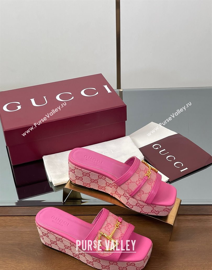 Gucci Wedge Slides Sandal 6.3cm in GG Canvas and Lambskin with Horsebit Dark Pink 2025 0609 (MD-250609110)
