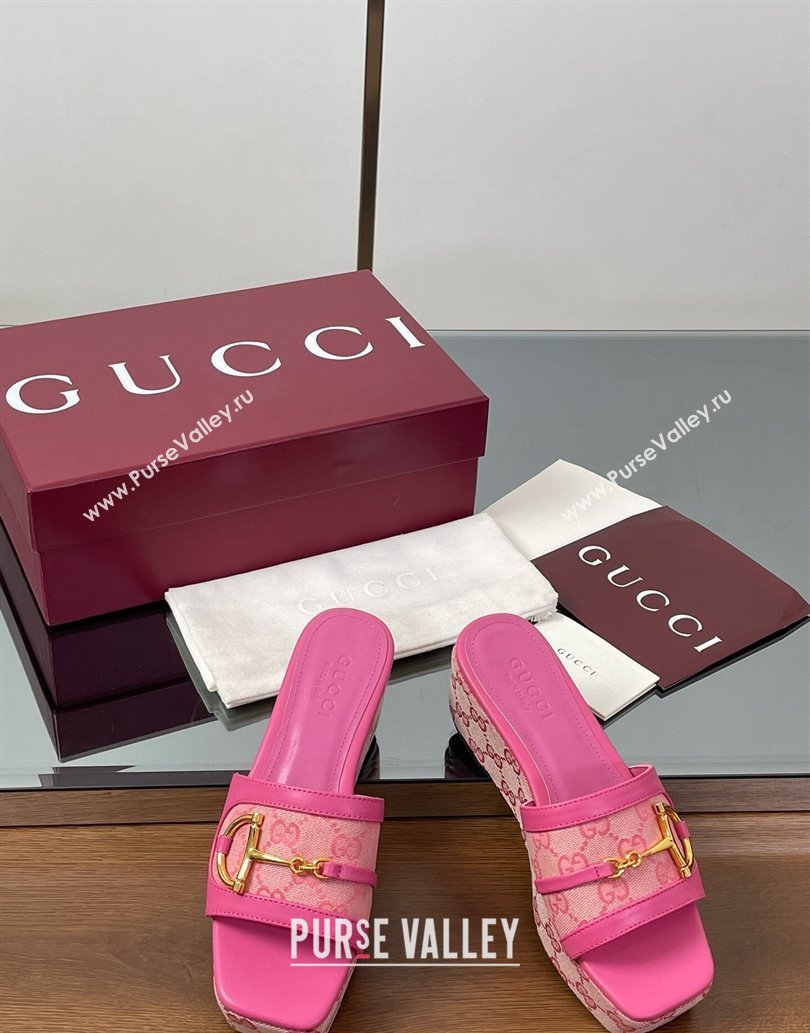 Gucci Wedge Slides Sandal 6.3cm in GG Canvas and Lambskin with Horsebit Dark Pink 2025 0609 (MD-250609110)