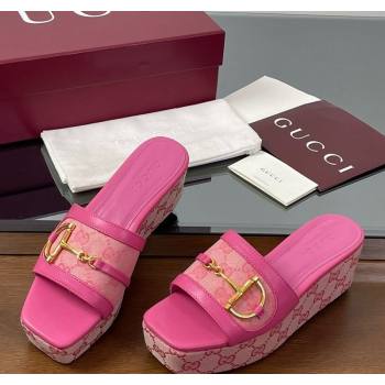 Gucci Wedge Slides Sandal 6.3cm in GG Canvas and Lambskin with Horsebit Dark Pink 2025 0609 (MD-250609110)