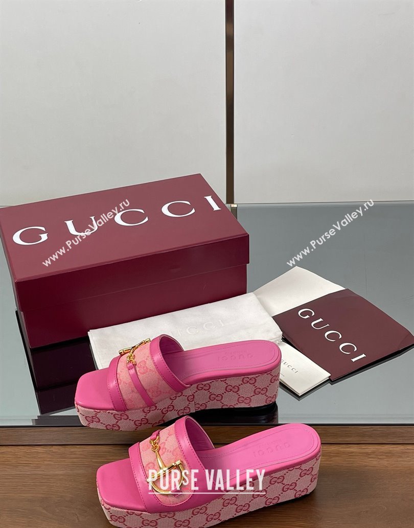 Gucci Wedge Slides Sandal 6.3cm in GG Canvas and Lambskin with Horsebit Dark Pink 2025 0609 (MD-250609110)
