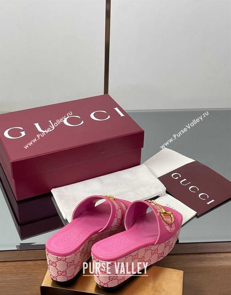 Gucci Wedge Slides Sandal 6.3cm in GG Canvas and Lambskin with Horsebit Dark Pink 2025 0609 (MD-250609110)
