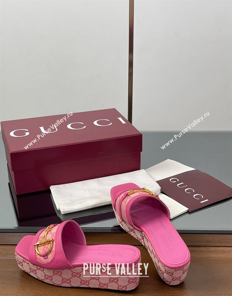 Gucci Wedge Slides Sandal 6.3cm in GG Canvas and Lambskin with Horsebit Dark Pink 2025 0609 (MD-250609110)