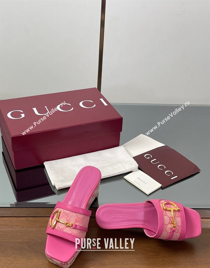 Gucci Wedge Slides Sandal 6.3cm in GG Canvas and Lambskin with Horsebit Dark Pink 2025 0609 (MD-250609110)
