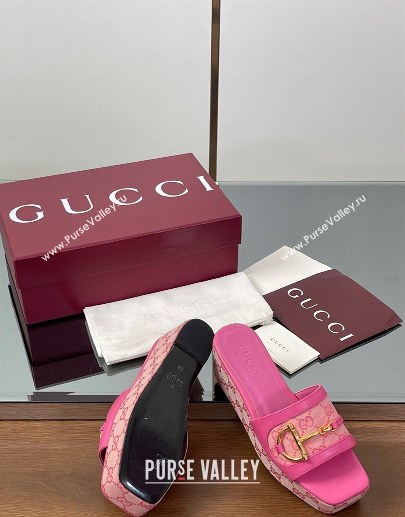 Gucci Wedge Slides Sandal 6.3cm in GG Canvas and Lambskin with Horsebit Dark Pink 2025 0609 (MD-250609110)