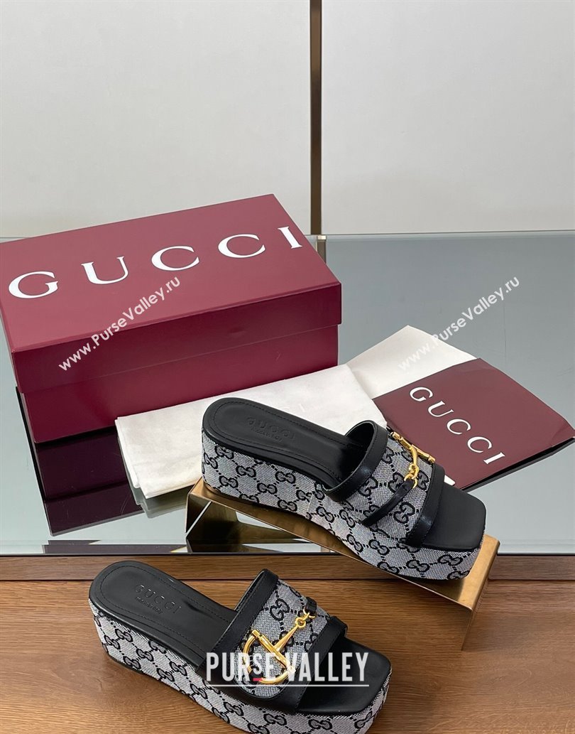 Gucci Wedge Slides Sandal 6.3cm in GG Canvas and Lambskin with Horsebit Black 2025 0609 (MD-250609111)