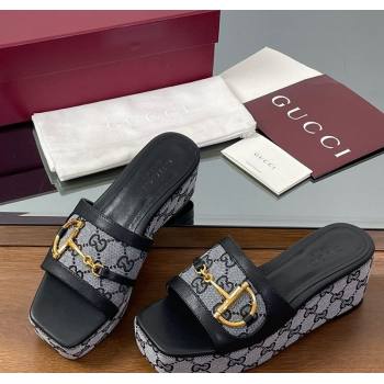Gucci Wedge Slides Sandal 6.3cm in GG Canvas and Lambskin with Horsebit Black 2025 0609 (MD-250609111)