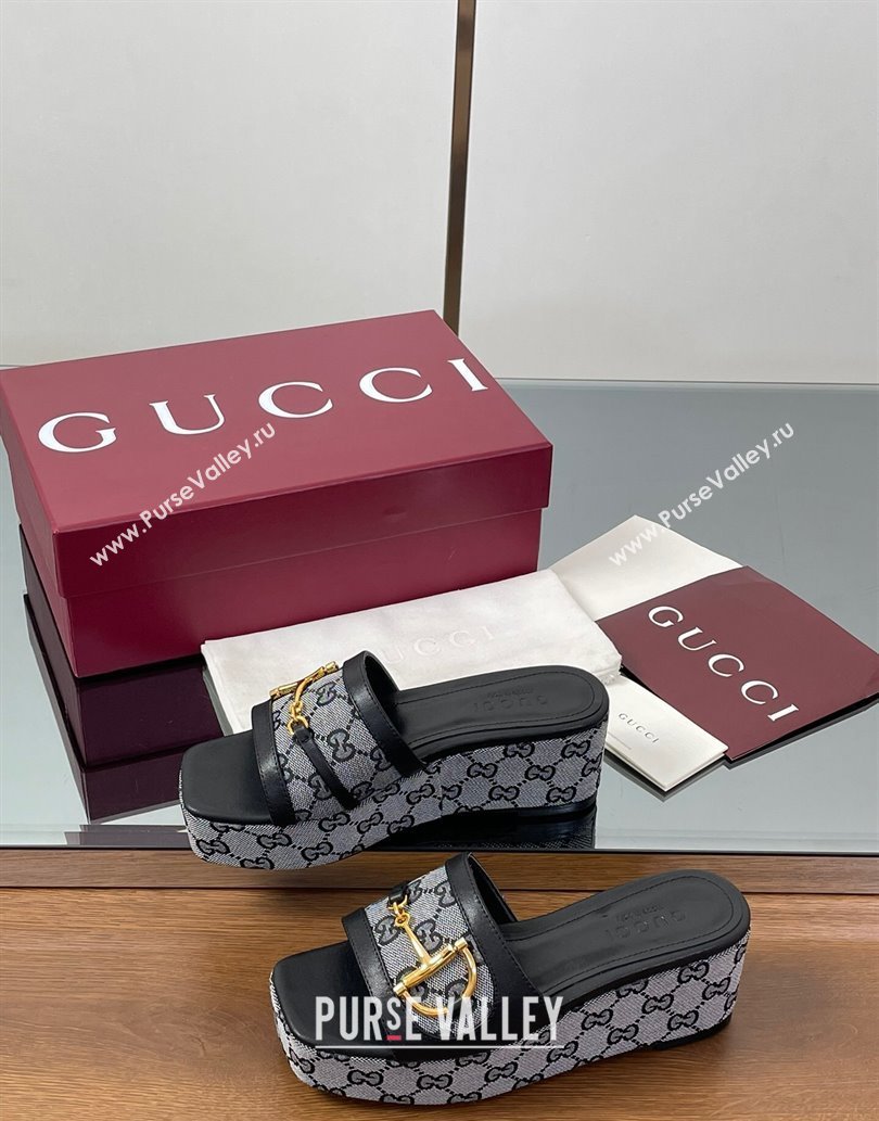 Gucci Wedge Slides Sandal 6.3cm in GG Canvas and Lambskin with Horsebit Black 2025 0609 (MD-250609111)