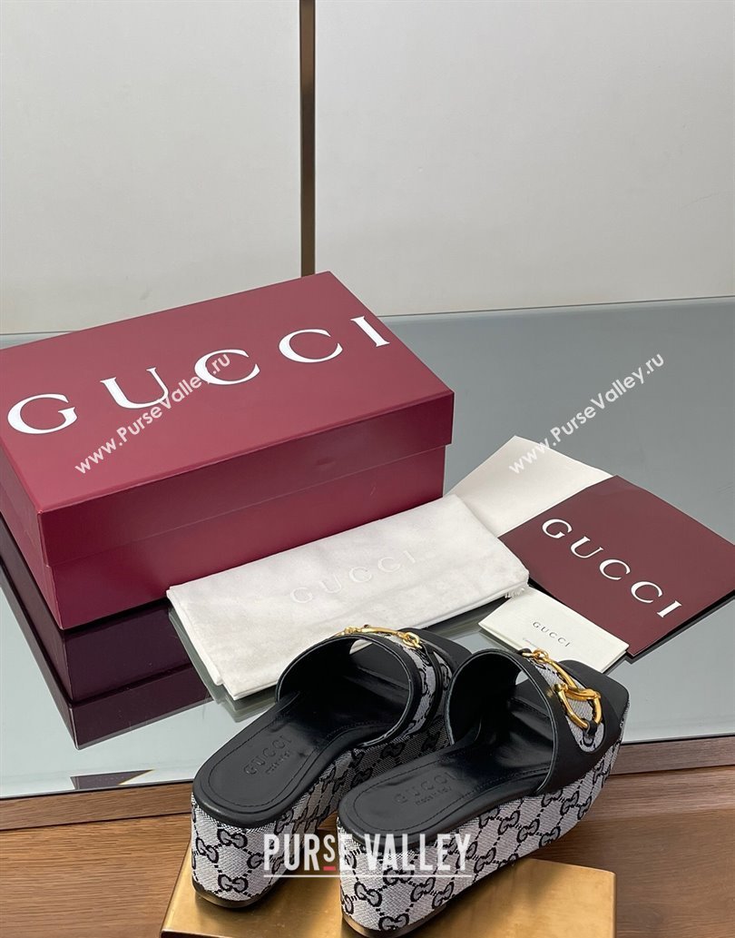 Gucci Wedge Slides Sandal 6.3cm in GG Canvas and Lambskin with Horsebit Black 2025 0609 (MD-250609111)
