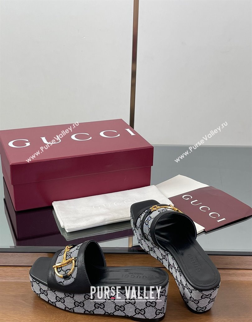Gucci Wedge Slides Sandal 6.3cm in GG Canvas and Lambskin with Horsebit Black 2025 0609 (MD-250609111)