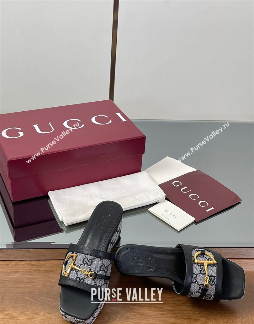 Gucci Wedge Slides Sandal 6.3cm in GG Canvas and Lambskin with Horsebit Black 2025 0609 (MD-250609111)